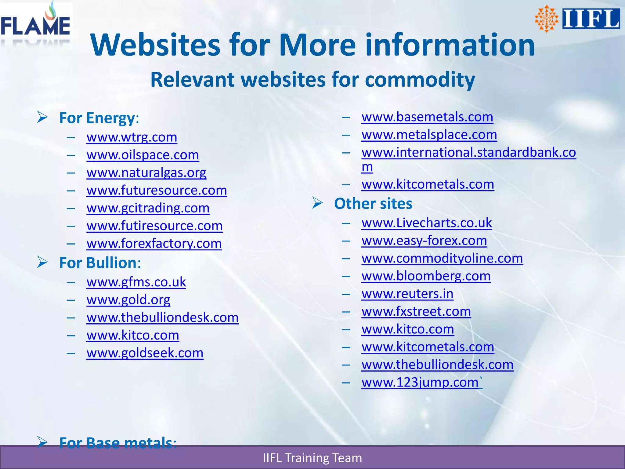 Websites for More information
                 Relevant websites for commodity
 For Energy:                                  – www.basemetals.com
    –   www.wtrg.com                           – www.metalsplace.com
    –   www.oilspace.com                       – www.international.standardbank.co
    –   www.naturalgas.org                       m
    –   www.futuresource.com                   – www.kitcometals.com
    –   www.gcitrading.com                Other sites
    –   www.futiresource.com                   –   www.Livecharts.co.uk
    –   www.forexfactory.com                   –   www.easy-forex.com
 For Bullion:                                 –   www.commodityoline.com
    –   www.gfms.co.uk                         –   www.bloomberg.com
    –   www.gold.org                           –   www.reuters.in
    –   www.thebulliondesk.com                 –   www.fxstreet.com
    –   www.kitco.com                          –   www.kitco.com
    –   www.goldseek.com                       –   www.kitcometals.com
                                               –   www.thebulliondesk.com
                                               –   www.123jump.com`



 For Base metals:
                                 IIFL Training Team
 