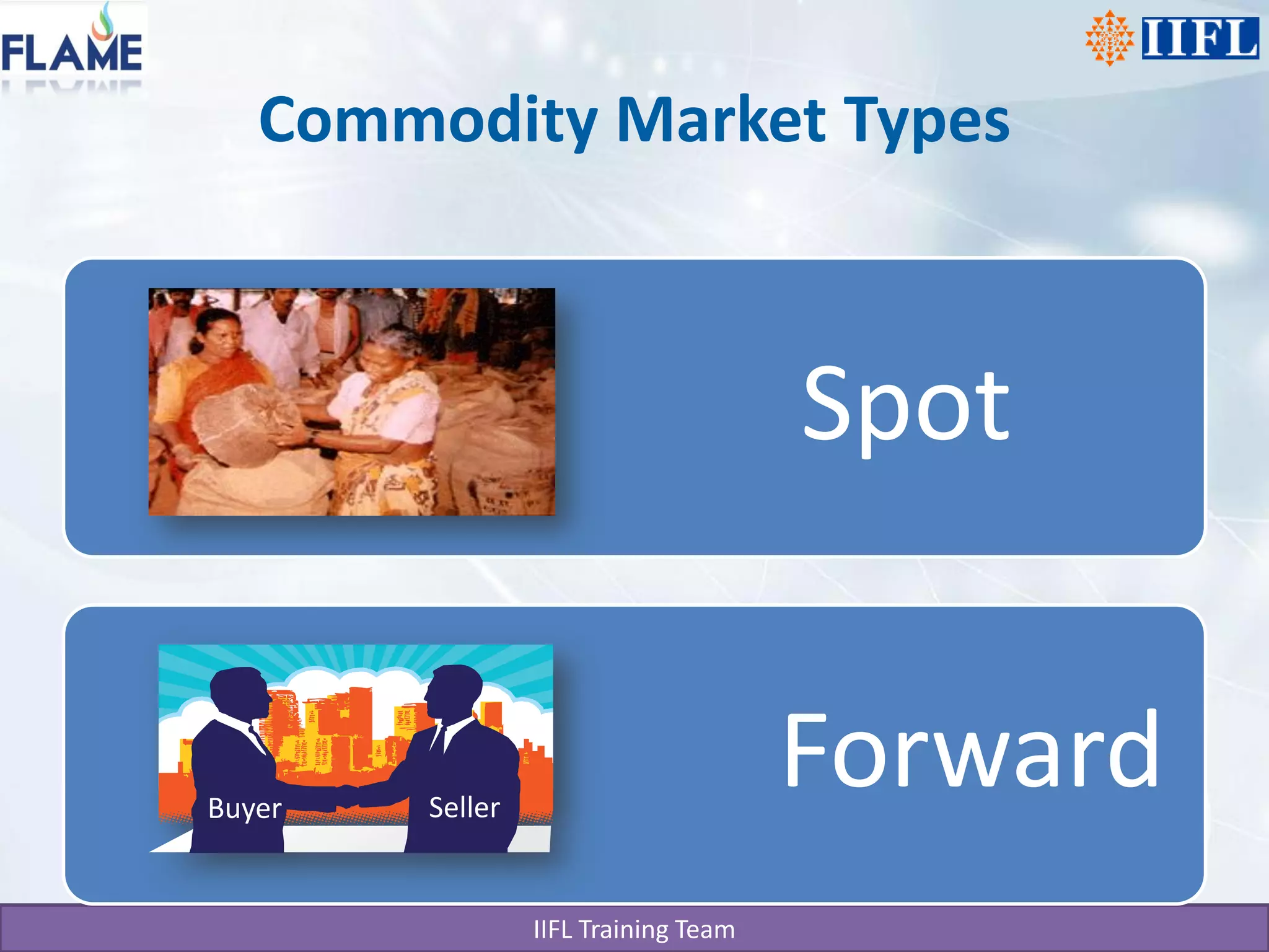 Commodity Market Types



                                      Spot


Buyer   Seller
                                      Forward
                 IIFL Training Team
 
