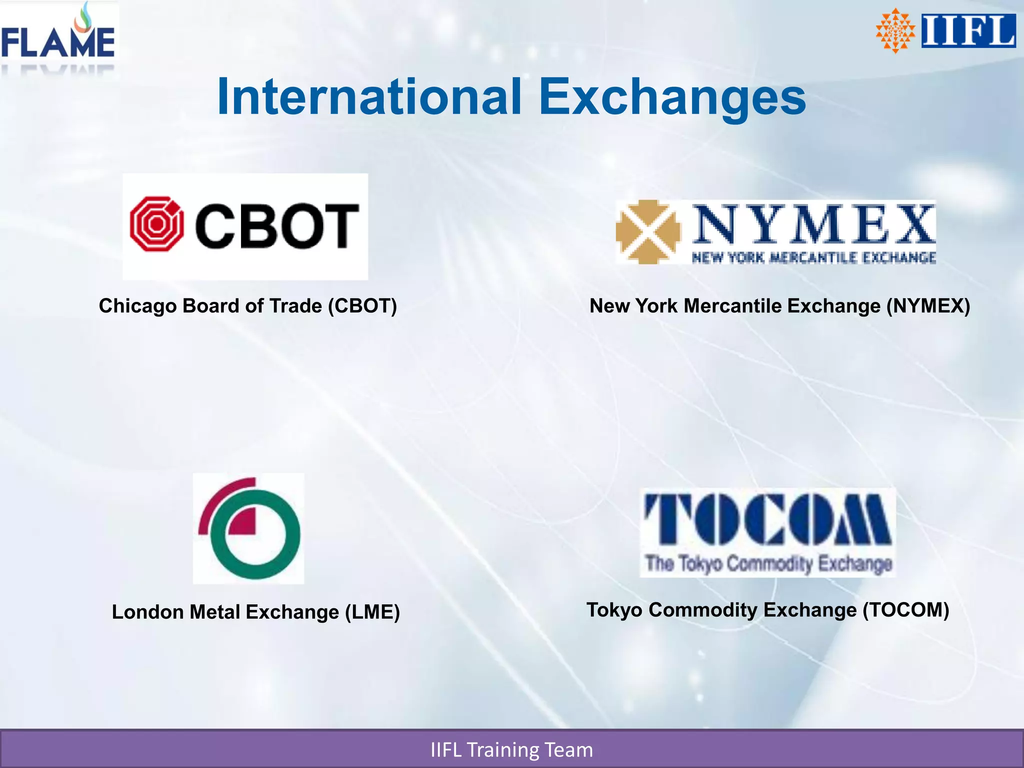 International Exchanges


Chicago Board of Trade (CBOT)                    New York Mercantile Exchange (NYMEX)




 London Metal Exchange (LME)                     Tokyo Commodity Exchange (TOCOM)




                                IIFL Training Team
 