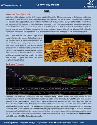 News and Developments
Australian gold production for the 2015-16 year was the highest for 15 years, according to Melbourne gold mining
consultants Surbiton Associates. Macquarie recently upgraded Northern Star and St Barbara from neutral to outperform
and Deutsche Bank upgraded its Alacer Gold recommendation to a "buy". After a few years of incredible consolidation
and movement in the industry, 14 Australasian gold mines and 23 per cent of Australian gold production had changed
hands in little more than two years, things tend to be slightly quieter on that front, though exploration budgets are
looking generous, which is flowing through to the junior explorers. Saracen Minerals has allocated $42 million for
exploration, Goldfields is looking to spend $100 million and Northern Star is pouring up to $90 million into projects.
India’s gold demand will remain high which
accounts for almost a quarter of global demand for
the precious metal, as falling unemployment and
steady inflation spur buying of jewelry, coins and
gold bonds. India which is the world’s second-
largest country by population after China will see its
economy expand at about 8 percent a year through
2021, according to Citi researchers. The country’s
working-age population will increase by 220 million
over the next 20 years, and about 240 million
people will move to cities.
Technical Outlook
On weekly chart, the COMEX Gold prices have been trading in “Rising Channel” pattern from past 8 months and price
has taken support near its upper band of channel pattern at $1315 levels. On weekly chart, COMEX Gold price has given
breakout of its “Falling Channel” pattern $1215 levels with bolstering volumes. On daily chart, MCX Gold price has
shown breakout of “Ascending Triangle” pattern at Rs.31050 levels. Moreover, on weekly time frame, COMEX Gold
prices have been trading above its 200 Weekly exponential moving average, which indicates long term trend is positive.
So any dip in MCX Gold up to Rs.30900 can be used as buying opportunity for the upside target of Rs.32250 levels with
the Stop loss of Rs.30500 levels. On the other hand, MCX Gold momentum indicator RSI has taken support of horizontal
line at 52 levels on a weekly chart, which suggests further bullish momentum can be seen in the prices. Overall, we hold
our bullish view in Gold for the next three months.
27th
September, 2016
SEBI Registered - Research Analyst Equities I Commodities I Currencies I Mutual Funds
GOLD
Commodity Insight
 