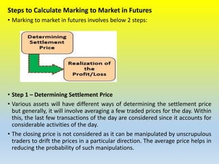 Steps to Calculate Marking to Market in Futures
• Marking to market in futures involves below 2 steps:
• Step 1 – Determining Settlement Price
• Various assets will have different ways of determining the settlement price
but generally, it will involve averaging a few traded prices for the day. Within
this, the last few transactions of the day are considered since it accounts for
considerable activities of the day.
• The closing price is not considered as it can be manipulated by unscrupulous
traders to drift the prices in a particular direction. The average price helps in
reducing the probability of such manipulations.
 