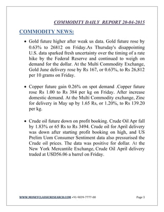 WWW.MONEYCLASSICRESEARCH.COM +91-9039-7777-00 Page 3
COMMODITY DAILY REPORT 20-04-2015
COMMODITY NEWS:
 Gold future higher after weak us data. Gold future rose by
0.63% to 26812 on Friday.As Thursday's disappointing
U.S. data sparked fresh uncertainty over the timing of a rate
hike by the Federal Reserve and continued to weigh on
demand for the dollar. At the Multi Commodity Exchange,
Gold June delivery rose by Rs 167, or 0.63%, to Rs 26,812
per 10 grams on Friday.
 Copper future gain 0.26% on spot demand .Copper future
rose Rs 1.00 to Rs 384 per kg on Friday. After increase
domestic demand. At the Multi Commodity exchange, Zinc
for delivery in May up by 1.65 Rs, or 1.20%, to Rs 139.20
per kg.
 Crude oil future down on profit booking. Crude Oil Apr fall
by 1.83% or 65 Rs to Rs 3494. Crude oil for April delivery
was down after starting profit booking on high, and US
Prelim Uom Consumer Sentiment data also pressurised the
Crude oil prices. The data was positive for dollar. At the
New York Mercantile Exchange, Crude Oil April delivery
traded at USD56.06 a barrel on Friday.
 