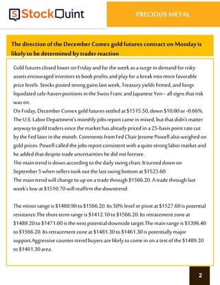 2
PRECIOUS METAL
The direction of the December Comex goldfutures contract on Monday is
likelyto be determined by trader reaction
Gold futuresclosed loweron Fridayandforthe weekas asurgein demandforrisky
assetsencouragedinvestors tobookprofitsandplayforabreakintomorefavorable
pricelevels. Stockspostedstronggainslast week,Treasuryyields firmed, andlongs
liquidatedsafe-havenpositionsin theSwissFrancandJapaneseYen–all signs thatrisk
wason.
On Friday,DecemberComex gold futuressettled at$1515.50,down$10.00or -0.66%.
The U.S.LaborDepartment’smonthlyjobsreportcamein mixed,butthatdidn’tmatter
anywaytogold traderssince themarkethasalreadypriced in a25-basispointratecut
bythe Fed laterin themonth.CommentsfromFed ChairJerome Powell alsoweighed on
gold prices.Powell called the jobsreportconsistentwithaquitestronglabormarketand
he addedthatdespite tradeuncertaintieshe did notforesee.
The maintrendis downaccordingtothe dailyswing chart.Itturneddownon
September5 whensellers tookoutthelastswing bottomat$1525.60.
The maintrendwill changeto upona tradethrough$1566.20.A tradethroughlast
week’slowat$1510.70will reaffirmthe downtrend.
The minorrange is$1488.90to$1566.20.Its50% level orpivotat$1527.60is potential
resistance.Theshort-termrangeis $1412.10to $1566.20.Its retracementzoneat
$1489.20to$1471.00is thenextpotentialdownside target.Themainrange is$1396.40
to$1566.20.Its retracementzoneat$1481.30to$1461.30is potentiallymajor
support.Aggressivecounter-trendbuyersarelikely tocome in ona testofthe $1489.20
to$1461.30area.
 
