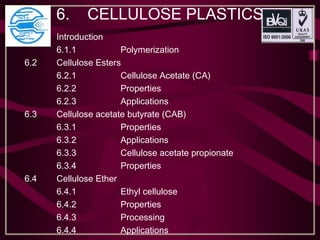 6. CELLULOSE PLASTICS
6.1 Introduction
6.1.1 Polymerization
6.2 Cellulose Esters
6.2.1 Cellulose Acetate (CA)
6.2.2 Properties
6.2.3 Applications
6.3 Cellulose acetate butyrate (CAB)
6.3.1 Properties
6.3.2 Applications
6.3.3 Cellulose acetate propionate
6.3.4 Properties
6.4 Cellulose Ether
6.4.1 Ethyl cellulose
6.4.2 Properties
6.4.3 Processing
6.4.4 Applications
 