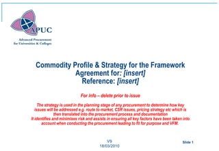 Commodity Profile & Strategy for the Framework
             Agreement for: [insert]
               Reference: [insert]
                             For info – delete prior to issue
     The strategy is used in the planning stage of any procurement to determine how key
   issues will be addressed e.g. route to market, CSR issues, pricing strategy etc which is
               then translated into the procurement process and documentation
It identifies and minimises risk and assists in ensuring all key factors have been taken into
       account when conducting the procurement leading to fit for purpose and VFM.


                                            V9                                          Slide 1
                                        18/03/2010
 