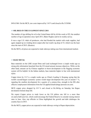 $49.61/bbl. On the MCX, raw costs improved by 3.43 % and closed at Rs.3138/bbl.
✍ OIL RIGS IN THE US LOWEST SINCE 2011
The number of rigs drilling for oil in the United States fell by 64 this week to 922, the smallest
number of rigs in operation since April 2011, Baker Hughes said in its weekly survey.
It was a sign U.S. shale oil producers, who had flooded the market with crude supplies, had
again stepped up on winding down output after last week's rig drop of 33, which was the least
since the start of 2015. (Reuters)
On the MCX, oil prices are expected to trade sideways taking cues from international markets
✍ BASE METAL
Base materials on the LME except Dime and Lead exchanged lower a couple weeks ago as
strong jobs information launched from the US raised amount increase objectives. While on the
other hand, amount cut by Chinese suppliers to boost development in the flagging economic
system will be helpful. In the Indian markets, base materials higher in line with international
styles.
Copper down by 2.8 % a couple weeks ago as China's Leading Li Keqiang saying that the
world's second-largest economic system would target development this year of around 7 %,
signaling the smallest development for a quarter of a century.Also, strength in the DX after
effective employment information from the US applied disadvantage pressure on costs.
MCX copper price dropped by 0.9 % and closed at Rs.366/kg on Saturday but Rupee
devaluation limited sharp fall.
We expect Copper prices to trade lower as the US jobless rate fell to a more than
six-and-a-half-year low, which could encourage the Federal Reserve to consider raising interest
rates in June. Also, top officials in China highlighted the growth and debt challenges the
country faces in 2015.
On the MCX, copper prices are expected to trade sideways owing to Rupee depreciation.
 