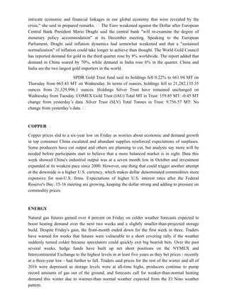 intricate economic and financial linkages in our global economy that were revealed by the
crisis," she said in prepared remarks.  The Euro weakened against the Dollar after European
Central Bank President Mario Draghi said the central bank "will re-examine the degree of
monetary policy accommodation" at its December meeting. Speaking to the European
Parliament, Draghi said inflation dynamics had somewhat weakened and that a "sustained
normalization" of inflation could take longer to achieve than thought. The World Gold Council
has reported demand for gold in the third quarter rose by 8% worldwide. The report added that
demand in China soared by 70%, while demand in India rose 6% in the quarter. China and
India are the two largest gold importers in the world.
SPDR Gold Trust fund said its holdings fell 0.22% to 661.94 MT on
Thursday from 663.43 MT on Wednesday. In terms of ounces, holdings fell to 21,282,135.35
ounces from 21,329,996.1 ounces. Holdings Silver Trust have remained unchanged on
Wednesday from Tuesday. COMEX Gold Trust (IAU) Total MT in Trust: 159.85 MT: -0.45 MT
change from yesterday’s data. Silver Trust (SLV) Total Tonnes in Trust: 9,756.57 MT: No
change from yesterday’s data. 
COPPER
Copper prices slid to a six-year low on Friday as worries about economic and demand growth
in top consumer China escalated and abundant supplies reinforced expectations of surpluses.
Some producers have cut output and others are planning to cut, but analysts say more will be
needed before participants start to believe that a more balanced market is in sight. Data this
week showed China's industrial output was at a seven month low in October and investment
expanded at its weakest pace since 2000. However, one thing that could trigger another attempt
at the downside is a higher U.S. currency, which makes dollar denominated commodities more
expensive for non-U.S. firms. Expectations of higher U.S. interest rates after the Federal
Reserve's Dec. 15-16 meeting are growing, keeping the dollar strong and adding to pressure on
commodity prices.
ENERGY
Natural gas futures gained over 4 percent on Friday on colder weather forecasts expected to
boost heating demand over the next two weeks and a slightly smaller-than-projected storage
build. Despite Friday's gain, the front-month ended down for the first week in three. Traders
have warned for weeks that futures were vulnerable to a short covering rally if the weather
suddenly turned colder because speculators could quickly exit big bearish bets. Over the past
several weeks, hedge funds have built up net short positions on the NYMEX and
Intercontinental Exchange to the highest levels in at least five years as they bet prices - recently
at a three-year low - had further to fall. Traders said prices for the rest of the winter and all of
2016 were depressed as storage levels were at all-time highs, producers continue to pump
record amounts of gas out of the ground, and forecasts call for weaker-than-normal heating
demand this winter due to warmer-than normal weather expected from the El Nino weather
pattern.
 