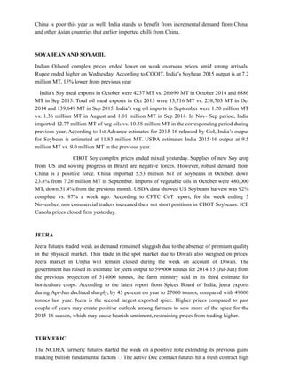 China is poor this year as well, India stands to benefit from incremental demand from China,
and other Asian countries that earlier imported chilli from China.
SOYABEAN AND SOYAOIL
Indian Oilseed complex prices ended lower on weak overseas prices amid strong arrivals.
Rupee ended higher on Wednesday. According to COOIT, India’s Soybean 2015 output is at 7.2
million MT, 15% lower from previous year
India's Soy meal exports in October were 4237 MT vs. 26,690 MT in October 2014 and 6886
MT in Sep 2015. Total oil meal exports in Oct 2015 were 13,716 MT vs. 238,703 MT in Oct
2014 and 139,649 MT in Sep 2015. India’s veg oil imports in September were 1.20 million MT
vs. 1.36 million MT in August and 1.01 million MT in Sep 2014. In Nov- Sep period, India
imported 12.77 million MT of veg oils vs. 10.38 million MT in the corresponding period during
previous year. According to 1st Advance estimates for 2015-16 released by GoI, India’s output
for Soybean is estimated at 11.83 million MT. USDA estimates India 2015-16 output at 9.5
million MT vs. 9.0 million MT in the previous year.
CBOT Soy complex prices ended mixed yesterday. Supplies of new Soy crop
from US and sowing progress in Brazil are negative forces. However, robust demand from
China is a positive force. China imported 5.53 million MT of Soybeans in October, down
23.8% from 7.26 million MT in September. Imports of vegetable oils in October were 480,000
MT, down 31.4% from the previous month. USDA data showed US Soybeans harvest was 92%
complete vs. 87% a week ago. According to CFTC CoT report, for the week ending 3
November, non commercial traders increased their net short positions in CBOT Soybeans. ICE
Canola prices closed firm yesterday.
JEERA
Jeera futures traded weak as demand remained sluggish due to the absence of premium quality
in the physical market. Thin trade in the spot market due to Diwali also weighed on prices.
Jeera market in Unjha will remain closed during the week on account of Diwali. The
government has raised its estimate for jeera output to 599000 tonnes for 2014-15 (Jul-Jun) from
the previous projection of 514000 tonnes, the farm ministry said in its third estimate for
horticulture crops. According to the latest report from Spices Board of India, jeera exports
during Apr-Jun declined sharply, by 45 percent on year to 27000 tonnes, compared with 49000
tonnes last year. Jeera is the second largest exported spice. Higher prices compared to past
couple of years may create positive outlook among farmers to sow more of the spice for the
2015-16 season, which may cause bearish sentiment, restraining prices from trading higher.
TURMERIC
The NCDEX turmeric futures started the week on a positive note extending its previous gains
tracking bullish fundamental factors  The active Dec contract futures hit a fresh contract high
 