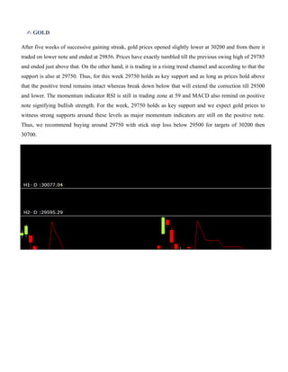 GOLD✍
After five weeks of successive gaining streak, gold prices opened slightly lower at 30200 and from there it
traded on lower note and ended at 29856. Prices have exactly tumbled till the previous swing high of 29785
and ended just above that. On the other hand, it is trading in a rising trend channel and according to that the
support is also at 29750. Thus, for this week 29750 holds as key support and as long as prices hold above
that the positive trend remains intact whereas break down below that will extend the correction till 29300
and lower. The momentum indicator RSI is still in trading zone at 59 and MACD also remind on positive
note signifying bullish strength. For the week, 29750 holds as key support and we expect gold prices to
witness strong supports around these levels as major momentum indicators are still on the positive note.
Thus, we recommend buying around 29750 with stick stop loss below 29500 for targets of 30200 then
30700.
 