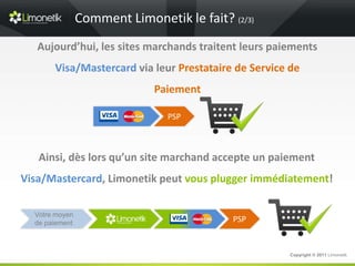 Comment Limonetik le fait? (2/3)
   Aujourd’hui, les sites marchands traitent leurs paiements
       Visa/Mastercard via leur Prestataire de Service de
                              Paiement

                                PSP



   Ainsi, dès lors qu’un site marchand accepte un paiement
Visa/Mastercard, Limonetik peut vous plugger immédiatement!

  Votre moyen
  de paiement                               PSP


                                                       Copyright © 2011 Limonetik
 