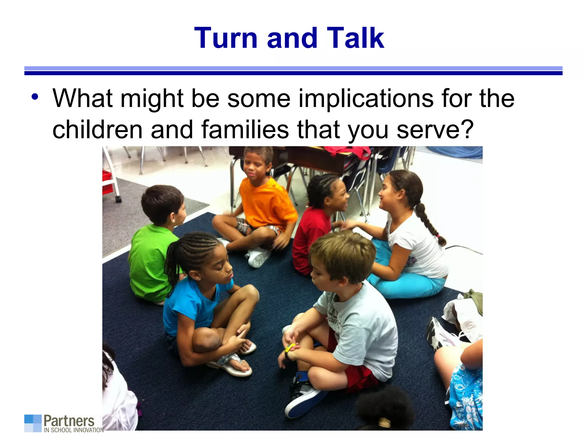 Turn and Talk
• What might be some implications for the
children and families that you serve?
 