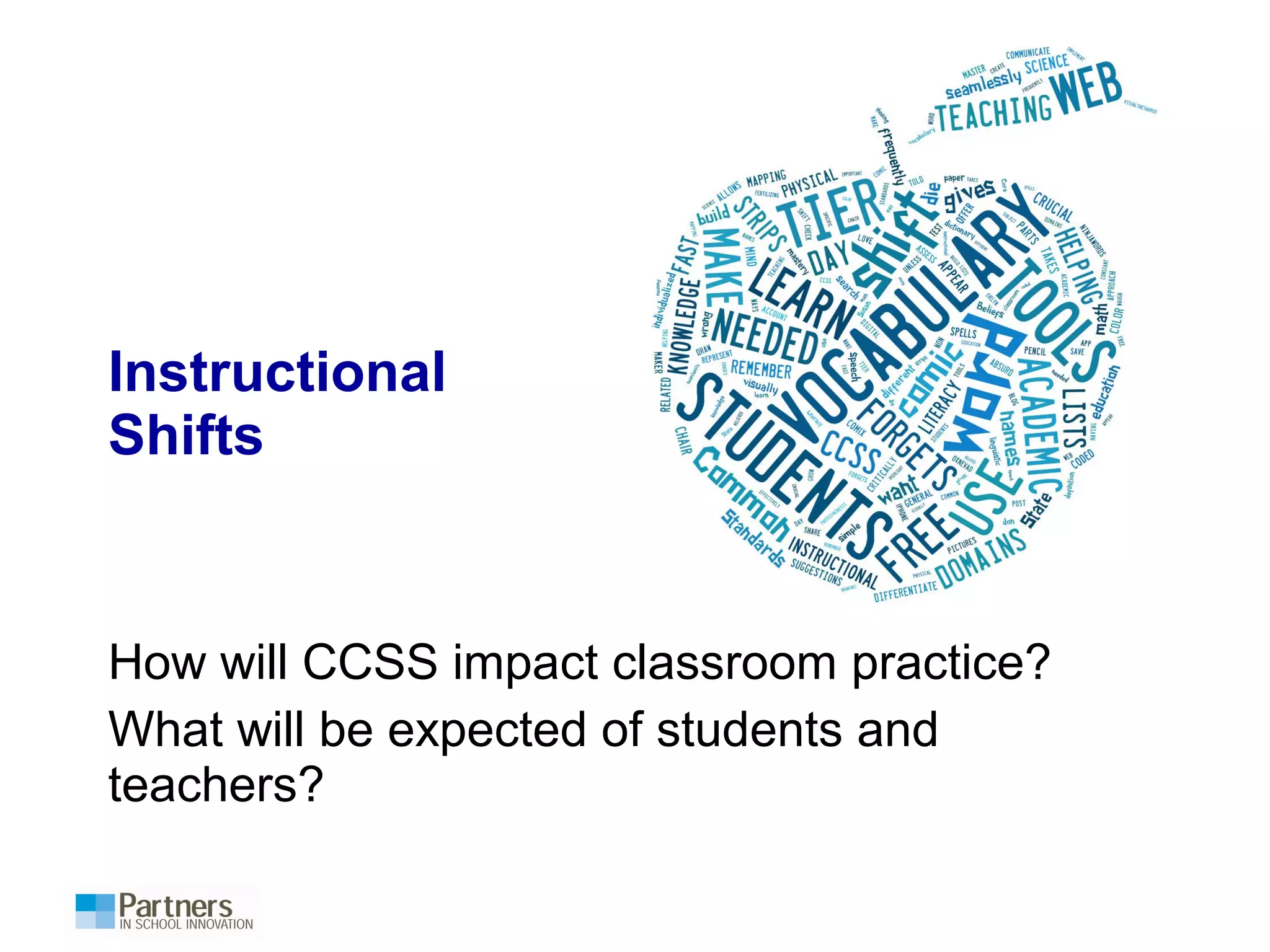 Instructional
Shifts
How will CCSS impact classroom practice?
What will be expected of students and
teachers?
 
