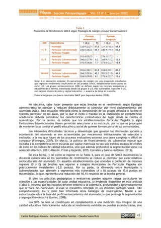 Sección Psicopedagogía • Vol. 17 Nº 1 • [ene/jun 2020]
ISSN 1851-3115 • http://revele.uncoma.edu.ar/htdoc/revele/index.php/psico/article/view/2546/pdf
43
Carlos Rodríguez-Garcés - Geraldo Padilla-Fuentes - Claudia Suazo Ruíz
Tabla 3.
Promedios de Rendimiento SIMCE según Tipología de colegio y Grupo Socioeconómico
Nota: d.s= desviación estándar; Px=porcentajes de colegio con una proporción estudiantes
que registran rendimiento insuficiente en las pruebas Simce, estableciendo como punto de
corte .65; Los grupos socioeconómicos (GSE) se definen según los recursos económicos y
educativos de la familia, transitando desde los grupos A y B, más vulnerables, hasta los D y E,
con mejores niveles de renta y capital educativo; -= ausencia de datos en la casilla.
Elaboración propia con base a resultados SIMCE para Segundos Medios (2018).
No obstante, cabe hacer presente que estas brechas en el rendimiento según tipología
administrativa se atenúan y reducen drásticamente al controlar por nivel socioeconómico del
alumnado (GSE). Esta situación reflejaría cómo la composición de los grupos dificulta o facilita el
tránsito curricular en las aulas, por lo que el éxito o fracaso en la instalación de competencias
académicas debería considerar las características contextuales del lugar donde se realiza el
aprendizaje. Por lo demás, es sabido que los establecimientos Particular Pagados y algos
Particulares Subvencionados tienen permitido seleccionar a su matrícula, por lo que se preocupan
de mantener bajo control el perfil educativo y social de quienes forman parte de sus comunidades.
Las inherentes dificultades técnicas y desventajas que generan las diferencias sociales y
económicas del alumnado se ven acrecentadas por mecanismos institucionales de selección y
exclusión, a la vez que hacen de los procesos evaluativos externos una tarea compleja y difícil de
comparar (Finnegan, 2007). En efecto, la política de financiamiento vía subvención escolar que
incitaba a la competencia entre escuelas por captar matrícula no tan solo exhibió escasos de niveles
de éxito en los índices de calidad educativa, sino que además profundizó la segmentación social vía
selección (Ravitch, 2013; Alarcón, Frites y Gajardo, 2015; Corvalán y García-Huidobro, 2015).
De esta forma, y tal como se expone en la Tabla 3, para el caso de SIMCE Matemáticas la
distancia evidenciada en los promedios de rendimiento se reduce al controlar por características
socioculturales del alumnado. En aquellos establecimientos que atienden a población de mayores
ingresos (D y E) las brechas que separan a colegios Municipales de Particular Pagados son
prácticamente inexistentes (-2,0 puntos). Por su parte, la diferencia entre Municipales y
Subvencionados que atienden a segmentos más vulnerables (A y B) alcanza los 15,6 puntos en
Matemáticas, lo que representa una reducción del 50,1% respecto de la brecha general.
Si bien las prácticas pedagógicas y evaluativas pueden adquirir rasgos particulares en
atención a las especificidades de cada unidad educativa, la evidencia disponible en este artículo
(Tabla 3) informa que las escuelas difieren entorno a la cobertura, profundidad y aprovechamiento
que se hace del curriculum, lo cual se encuentra reflejado en los disímiles puntajes SIMCE. Este
comportamiento, tal y como han informado otros hallazgos de investigación, tiende a ser
estructurado sobre la base del perfil socioeconómico del alumnado, lo que prolonga la segmentación
y segregación educativa (Lamas, 2008).
Los IDPS no solo se constituyen en complementos a una medición más integral de una
calidad educativa históricamente reducida al rendimiento exhibido en pruebas estandarizadas, sino
 