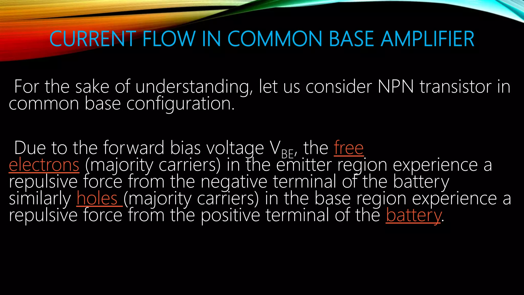 CURRENT FLOW IN COMMON BASE AMPLIFIER
For the sake of understanding, let us consider NPN transistor in
common base configuration.
Due to the forward bias voltage VBE, the free
electrons (majority carriers) in the emitter region experience a
repulsive force from the negative terminal of the battery
similarly holes (majority carriers) in the base region experience a
repulsive force from the positive terminal of the battery.
 