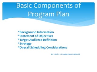 Basic Components of
Program Plan
*Background Information
*Statement of Objectives
*Target Audience Definition
*Strategy
*Overall Scheduling Considerations
 