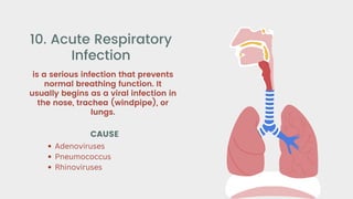 is a serious infection that prevents
normal breathing function. It
usually begins as a viral infection in
the nose, trachea (windpipe), or
lungs.
10. Acute Respiratory
Infection
CAUSE
Adenoviruses
Pneumococcus
Rhinoviruses
 