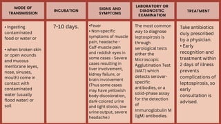 MODE OF
TRANSMISSION
INCUBATION SIGNS AND
SYMPTOMS
LABORATORY OR
DIAGNOSTIC
EXAMINATION
TREATMENT
• Ingesting
contaminated
food or water or
• when broken skin
or open wounds
and mucous
membrane (eyes,
nose, sinuses,
mouth) come in
contact with
contaminated
water (usually
flood water) or
soil
Take antibiotics
duly prescribed
by a physician.
• Early
recognition and
treatment within
2 days of illness
prevents
complications of
leptospirosis, so
early
consultation is
advised.
The most common
way to diagnose
leptospirosis is
through
serological tests
either the
Microscopic
Agglutination Test
(MAT) which
detects serovar-
specific
antibodies, or a
solid-phase assay
for the detection
of
Immunoglobulin M
(IgM) antibodies.
•Fever
• Non-specific
symptoms of muscle
pain, headache -
Calf-muscle pain
and reddish eyes in
some cases - Severe
cases resulting in
liver involvement,
kidney failure, or
brain involvement
(Thus some cases
may have yellowish
body discoloration,
dark-colored urine
and light stools, low
urine output, severe
headache.)
7-10 days.
 