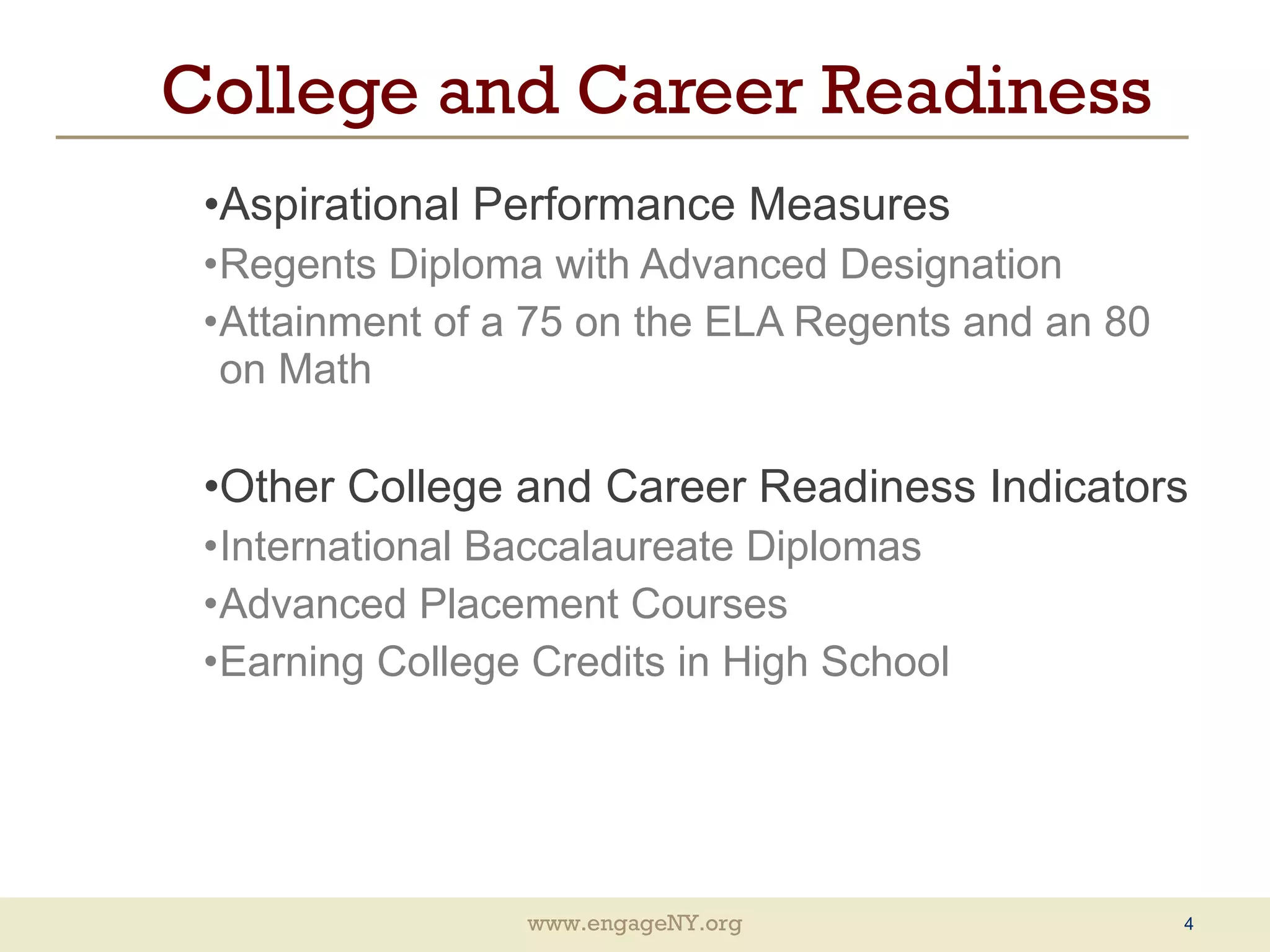College and Career Readiness Aspirational Performance Measures Regents Diploma with Advanced Designation Attainment of a 75 on the ELA Regents and an 80 on Math Other College and Career Readiness Indicators International Baccalaureate Diplomas Advanced Placement Courses Earning College Credits in High School 