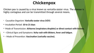 Chickenpox
Chicken pox is caused by a virus known as varicella-zoster virus. The disease is
highly contagious and can be transmitted through several means.
• Causative Organism: Varicella-zoster virus (VZV)
• Incubation Period: 10 to 21 days
• Mode of Transmission: Airborne (respiratory droplets) or direct contact with lesions.
• - Clinical Signs and Symptoms: Itchy rash with blisters, fever and fatigue.
• - Mode of Prevention: Vaccination (varicella vaccine).
 