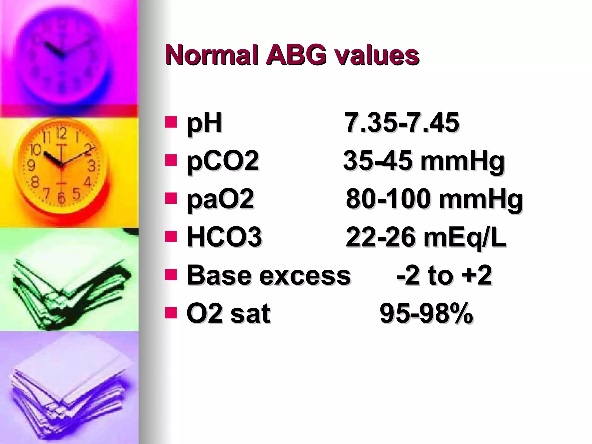 Normal ABG values pH  7.35-7.45 pCO2  35-45 mmHg paO2  80-100 mmHg HCO3  22-26 mEq/L Base excess  -2 to +2 O2 sat   95-98% 