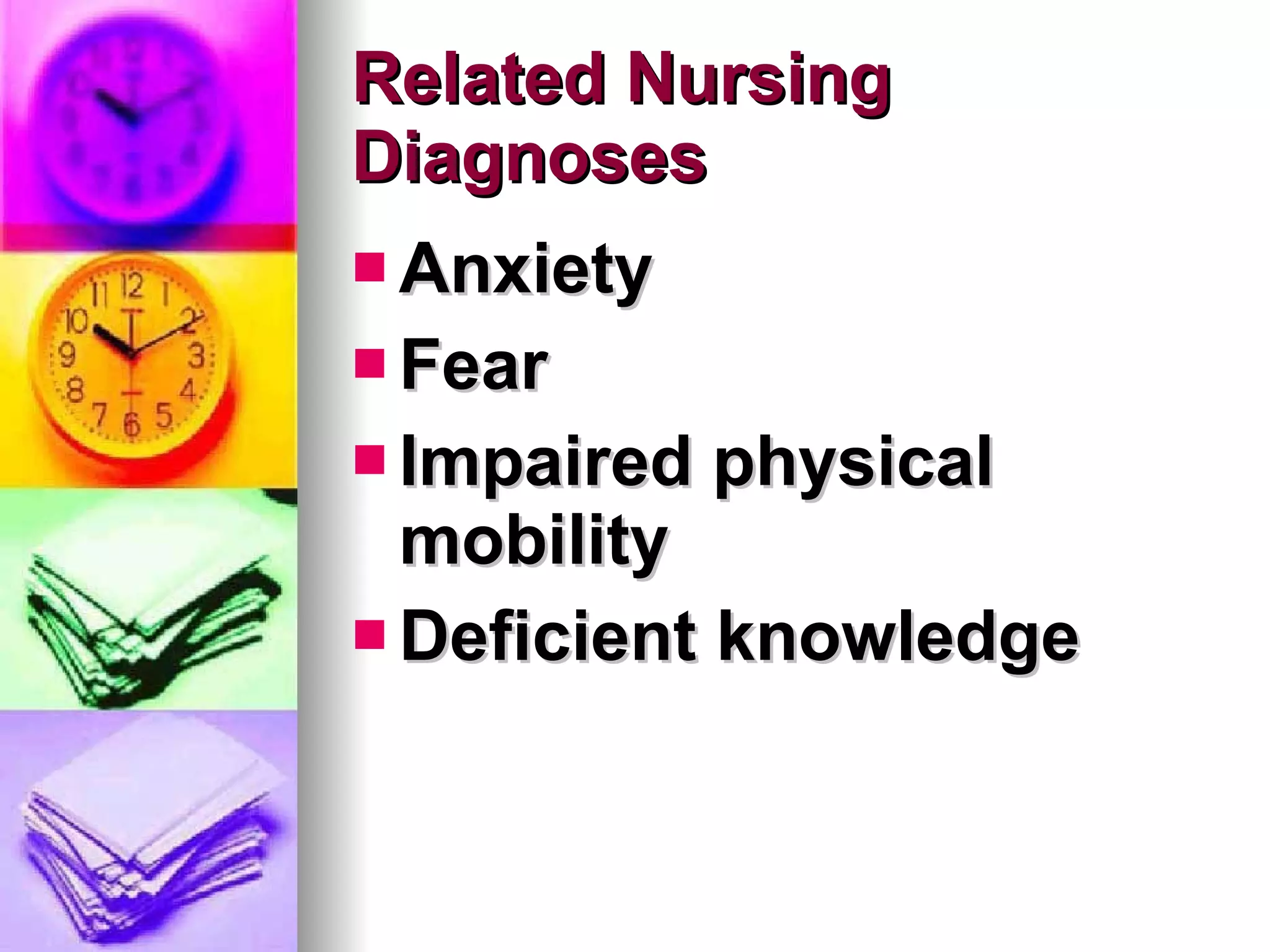 Related Nursing Diagnoses Anxiety Fear Impaired physical mobility Deficient knowledge 