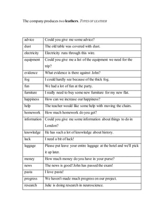 The company produces two leathers. TYPES OF LEATHER
advice Could you give me some advice?
dust The old table was covered with dust.
electricity Electricity runs through this wire.
equipment Could you give me a list of the equipment we need for the
trip?
evidence What evidence is there against John?
fog I could hardly see because of the thick fog.
fun We had a lot of fun at the party.
furniture I really need to buy some new furniture for my new flat.
happiness How can we increase our happiness?
help The teacher would like some help with moving the chairs.
homework How much homework do you get?
information Could you give me some information about things to do in
London?
knowledge He has such a lot of knowledge about history.
luck I need a bit of luck!
luggage Please put leave your entire luggage at the hotel and we'll pick
it up later.
money How much money do you have in your purse?
news The news is good!John has passed the exam!
pasta I love pasta!
progress We haven't made much progress on our project.
research Julie is doing research in neuroscience.
 