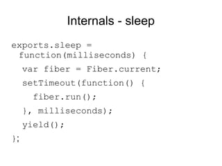 Internals - sleep <ul><li>exports.sleep = function(milliseconds) { </li></ul><ul><li>var fiber = Fiber.current; </li></ul>...
