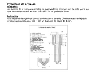 Inyectores de orificios
Funciones
Las toberas de inyección se montan en los inyectores common rail. De esta forma los
inyectores common rail asumen la función de los portainyectores.
Aplicación
Para motores de inyección directa que utilizan el sistema Common Rail se emplean
inyectores de orificios del tipo P con un diámetro de aguja de 4 mm.
 