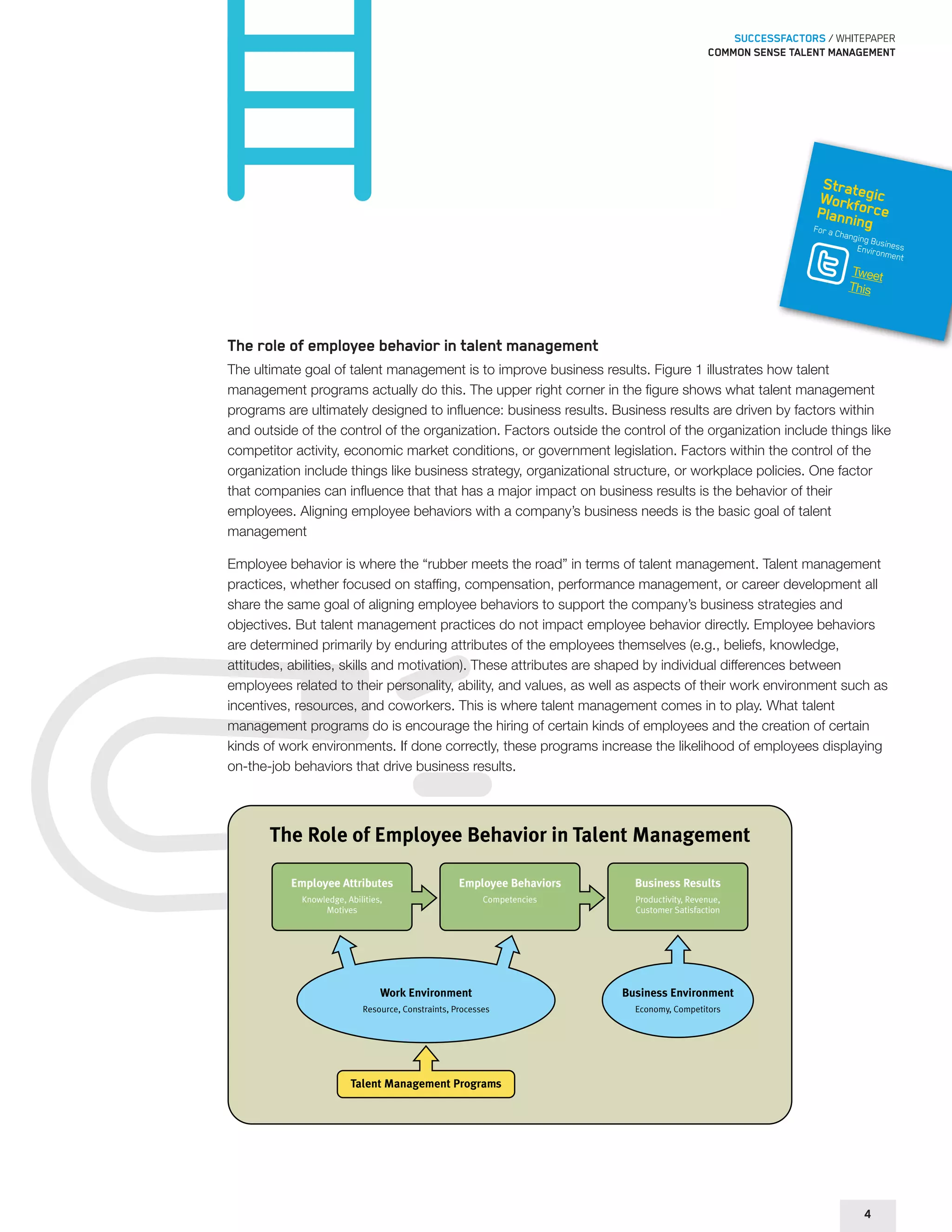 SUCCESSFACTORS / WHITEPAPER 
Common sense talent management 
Strategic 
Workforce 
Planning 
For a Changing Business 
Environment 
Tweet 
This 
The role of employee behavior in talent management 
The ultimate goal of talent management is to improve business results. Figure 1 illustrates how talent 
management programs actually do this. The upper right corner in the figure shows what talent management 
programs are ultimately designed to influence: business results. Business results are driven by factors within 
and outside of the control of the organization. Factors outside the control of the organization include things like 
competitor activity, economic market conditions, or government legislation. Factors within the control of the 
organization include things like business strategy, organizational structure, or workplace policies. One factor 
that companies can influence that that has a major impact on business results is the behavior of their 
employees. Aligning employee behaviors with a company’s business needs is the basic goal of talent 
management 
Employee behavior is where the “rubber meets the road” in terms of talent management. Talent management 
practices, whether focused on staffing, compensation, performance management, or career development all 
share the same goal of aligning employee behaviors to support the company’s business strategies and 
objectives. But talent management practices do not impact employee behavior directly. Employee behaviors 
are determined primarily by enduring attributes of the employees themselves (e.g., beliefs, knowledge, 
attitudes, abilities, skills and motivation). These attributes are shaped by individual differences between 
employees related to their personality, ability, and values, as well as aspects of their work environment such as 
incentives, resources, and coworkers. This is where talent management comes in to play. What talent 
management programs do is encourage the hiring of certain kinds of employees and the creation of certain 
kinds of work environments. If done correctly, these programs increase the likelihood of employees displaying 
on-the-job behaviors that drive business results. 
The Role of Employee Behavior in Talent Management 
Employee Attributes 
Knowledge, Abilities, 
Motives 
Employee Behaviors 
Competencies 
Business Results 
Productivity, Revenue, 
Customer Satisfaction 
Business Environment 
Economy, Competitors 
Work Environment 
Resource, Constraints, Processes 
Talent Management Programs 
4 
 