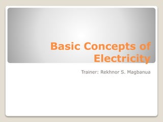 Basic Concepts of
Electricity
Trainer: Rekhnor S. Magbanua
 