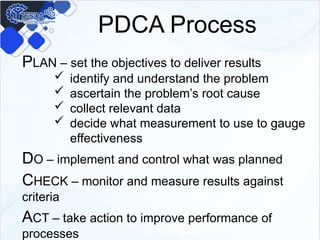 PDCA Process
PLAN – set the objectives to deliver results
 identify and understand the problem
 ascertain the problem’s root cause
 collect relevant data
 decide what measurement to use to gauge
effectiveness
DO – implement and control what was planned
CHECK – monitor and measure results against
criteria
ACT – take action to improve performance of
processes
 