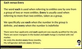 Each versus Every
The word each is used when referring to entities one by one from
a group of two or more entities. Every is usually used when
referring to more than two entities, taken as a group.
We specifically use each when the number in the group is
definite, and every when the number is indefinite
There were four applicants and each applicant was equally qualified for the job.
There are seven mangoes in the basket and each mango is marked with red
marker.
He visits the dentist every three months.
My refrigerator defrosts every 18 hours.
Lingua Expert Academy : अंग्रेजी भाषा में निपुण बने
 