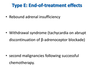 • Rebound adrenal insufficiency

• Withdrawal syndrome (tachycardia on abrupt

discontinuation of β-adrenoceptor blockade)

• second malignancies following successful
chemotherapy.

 