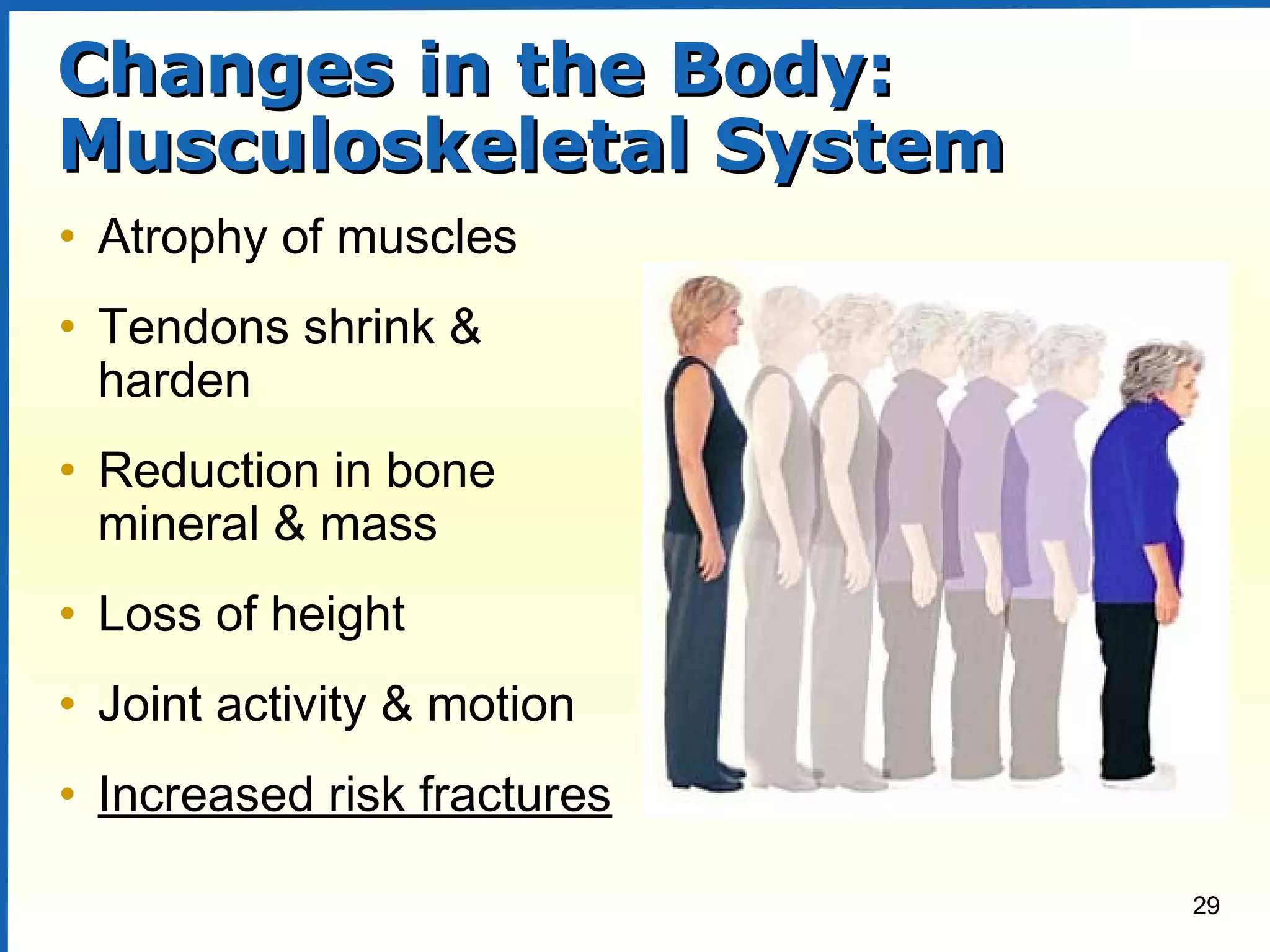 29
Changes in the Body:Changes in the Body:
Musculoskeletal SystemMusculoskeletal System
• Atrophy of muscles
• Tendons shrink &
harden
• Reduction in bone
mineral & mass
• Loss of height
• Joint activity & motion
• Increased risk fractures
 