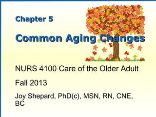 Chapter 5Chapter 5
Common Aging ChangesCommon Aging Changes
NURS 4100 Care of the Older Adult
Fall 2013
Joy Shepard, PhD(c), MSN, RN, CNE,
BC
 