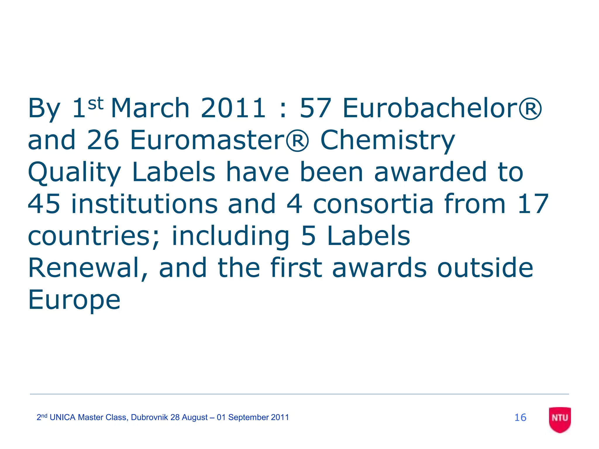 By 1st March 2011 : 57 Eurobachelor® and 26 Euromaster® Chemistry Quality Labels have been awarded to 45 institutions and 4 consortia from 17 countries; including 5 Labels Renewal, and the first awards outside Europe162nd UNICA Master Class, Dubrovnik 28 August – 01 September 2011