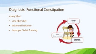 Diagnosis: Functional Constipation
สาเหตุ ได้แก่
• Low fiber diet
• Withhold behavior
• Improper Toilet Training
 