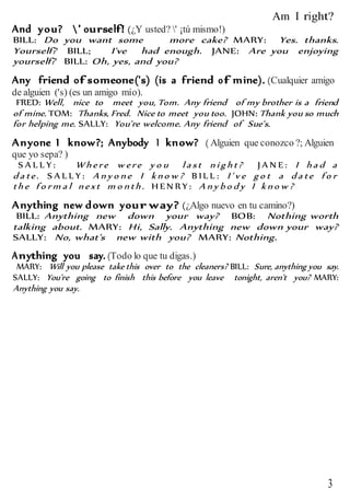 Am I right?
3
And you? ' ourself! (¿Y usted? ' ¡tú mismo!)
BILL: Do you want some more cake? MARY: Yes. thanks.
Yourself? BILL; I've had enough. JANE: Are you enjoying
yourself? BILL: Oh, yes, and you?
Any friend of someone('s) (is a friend of mine). (Cualquier amigo
de alguien ('s) (es un amigo mío).
FRED: Well, nice to meet you, Tom. Any friend of my brother is a friend
of mine. TOM: Thanks, Fred. Nice to meet you too. JOHN: Thank you so much
for helping me. SALLY: You're welcome. Any friend of Sue's.
Anyone I know?; Anybody I know? ( Alguien que conozco ?; Alguien
que yo sepa? )
S A L L Y : W h ere w ere y o u l a st n i gh t? J A N E : I h a d a
d a te. S A L L Y : A n y o n e I k n o w ? B IL L : I' v e go t a d a te f o r
th e f o rm a l n ext m o n th . H E N R Y : A n y b o d y I k n o w ?
Anything new down your way? (¿Algo nuevo en tu camino?)
BILL: Anything new down your way? BOB: Nothing worth
talking about. MARY: Hi, Sally. Anything new down your way?
SALLY: No, what's new with you? MARY: Nothing.
Anything you say. (Todo lo que tu digas.)
MARY: Will you please take this over to the cleaners? BILL: Sure, anything you say.
SALLY: You're going to finish this before you leave tonight, aren't you? MARY:
Anything you say.
 