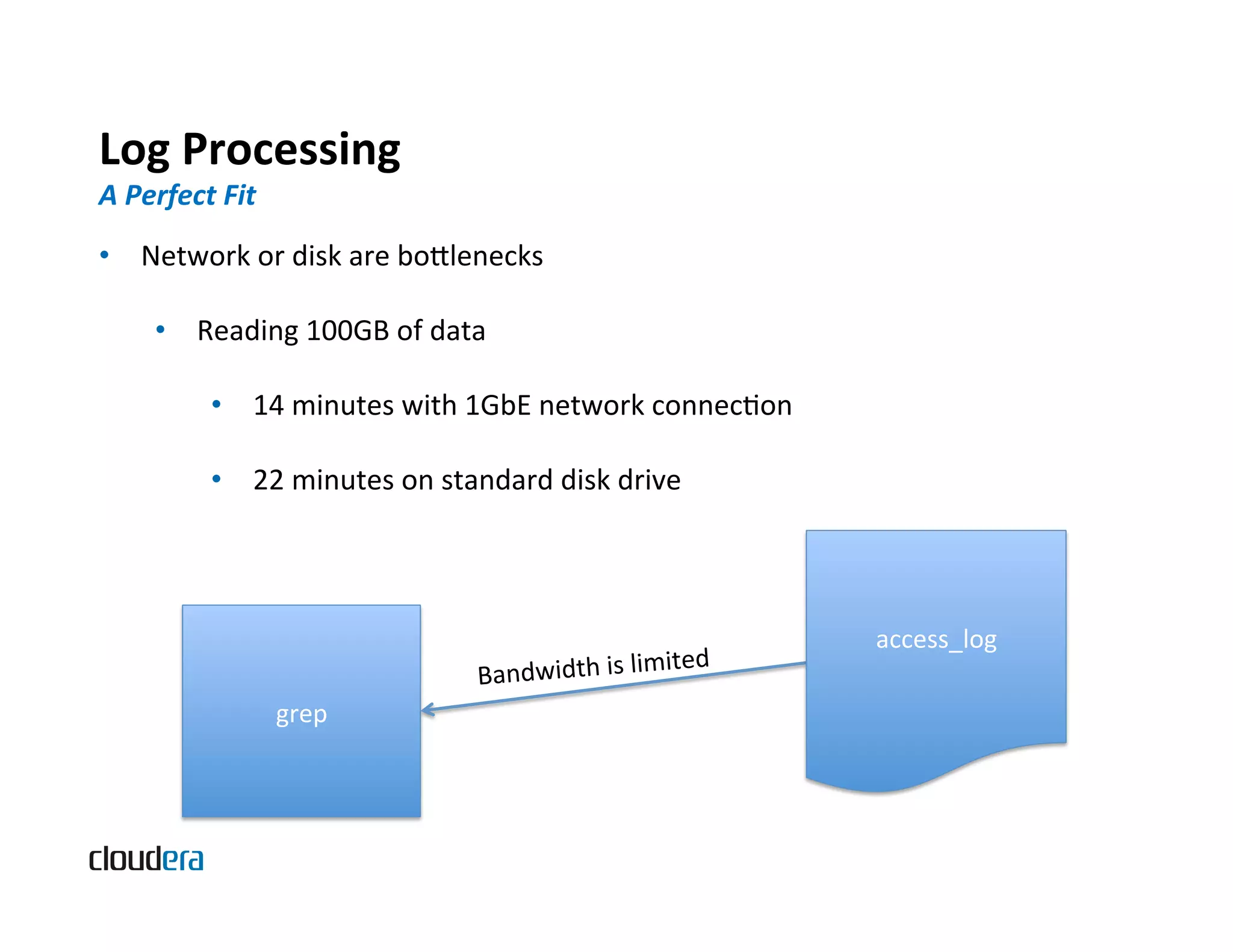 Log  Processing   A  Perfect  Fit   •  Network  or  disk  are  bolenecks •  Reading  100GB  of  data   •  14  minutes  with  1GbE  network  connecBon   •  22  minutes  on  standard  disk  drive   access_log   ited   Bandwidth  is  lim grep   
