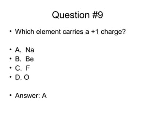 Question #9 Which element carries a +1 charge? A. Na B. Be C. F D. O Answer: A