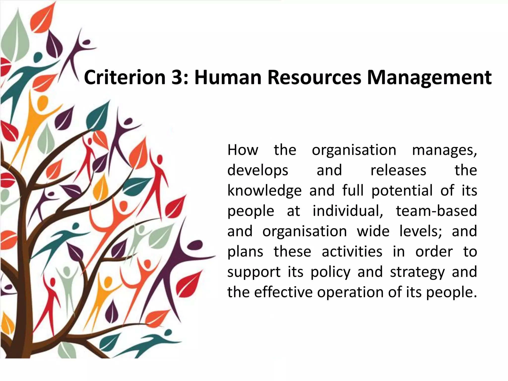 Criterion 3: Human Resources Management
How the organisation manages,
develops and releases the
knowledge and full potential of its
people at individual, team-based
and organisation wide levels; and
plans these activities in order to
support its policy and strategy and
the effective operation of its people.
 