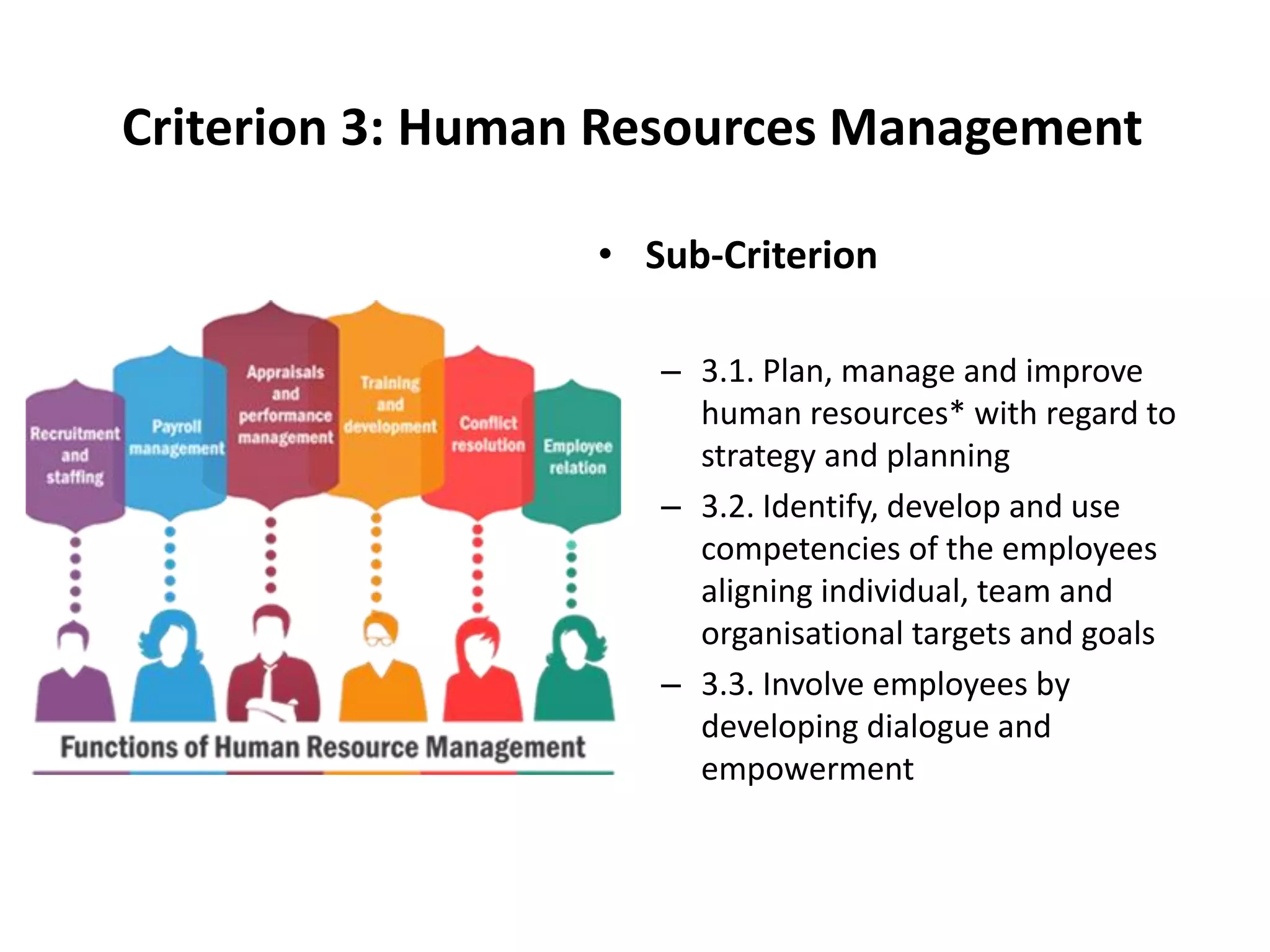 Criterion 3: Human Resources Management
• Sub-Criterion
– 3.1. Plan, manage and improve
human resources* with regard to
strategy and planning
– 3.2. Identify, develop and use
competencies of the employees
aligning individual, team and
organisational targets and goals
– 3.3. Involve employees by
developing dialogue and
empowerment
 