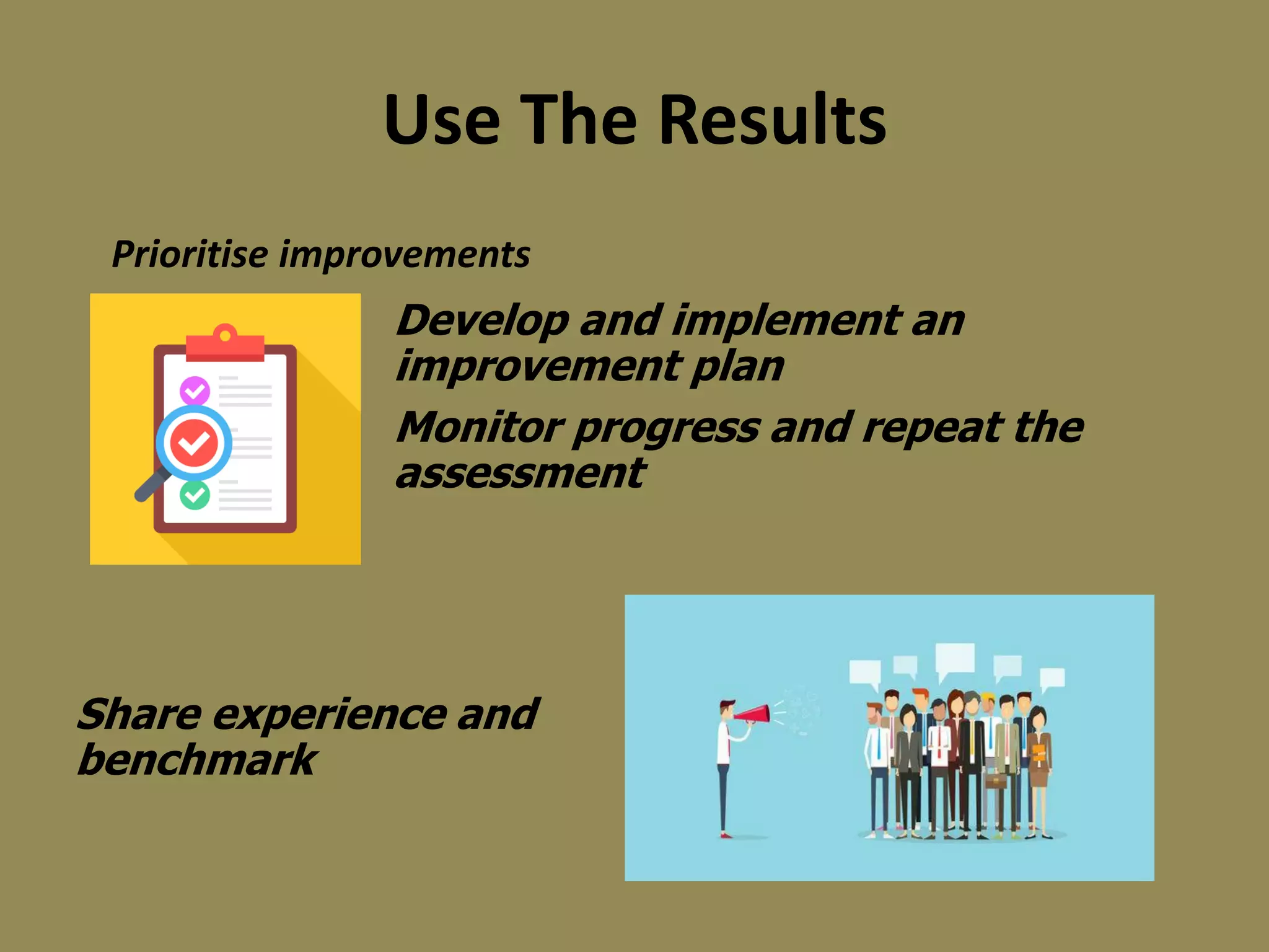 Use The Results
Prioritise improvements
Develop and implement an
improvement plan
Monitor progress and repeat the
assessment
Share experience and
benchmark
 