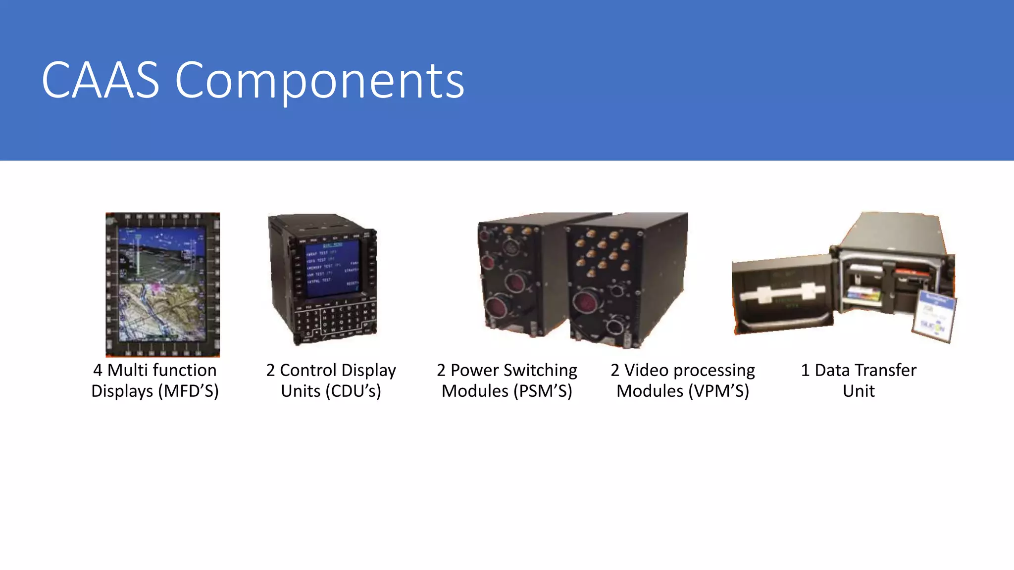 CAAS Components
4 Multi function
Displays (MFD’S)
2 Control Display
Units (CDU’s)
2 Power Switching
Modules (PSM’S)
2 Video processing
Modules (VPM’S)
1 Data Transfer
Unit
 