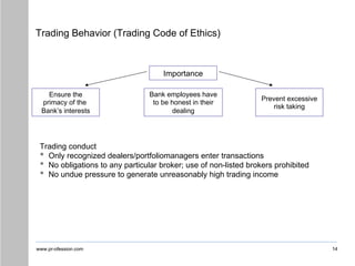www.pr-ofession.com
Trading Behavior (Trading Code of Ethics)
14
Trading conduct
• Only recognized dealers/portfoliomanagers enter transactions
• No obligations to any particular broker; use of non-listed brokers prohibited
• No undue pressure to generate unreasonably high trading income
Importance
Ensure the
primacy of the
Bank’s interests
Bank employees have
to be honest in their
dealing
Prevent excessive
risk taking
 