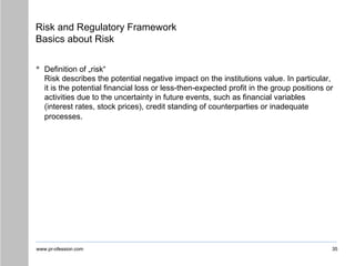 www.pr-ofession.com
Risk and Regulatory Framework
Basics about Risk
• Definition of „risk“
Risk describes the potential negative impact on the institutions value. In particular,
it is the potential financial loss or less-then-expected profit in the group positions or
activities due to the uncertainty in future events, such as financial variables
(interest rates, stock prices), credit standing of counterparties or inadequate
processes.
35
 