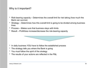 www.pr-ofession.com
Why is it important?
• Risk-bearing capacity – Determines the overall limit for risk taking (how much the
Bank can survive)
• Strategy – Determines how this overall limit is going to be divided among business
lines
• Process – Makes sure that business stays with limits
• Result – Profit/loss increase/decrease the risk-bearing capacity
• In daily business YOU have to follow the established process
• The strategy tells you where the Bank is going
• You must follow the spirit of the strategy
• The results of your actions are reflected in the P&L
39
 