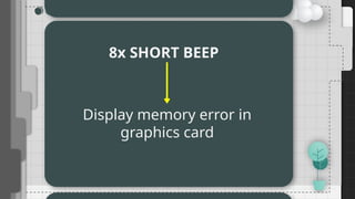 8x SHORT BEEP
Display memory error in
graphics card
 