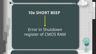 10x SHORT BEEP
Error in Shutdown
register of CMOS RAM
 