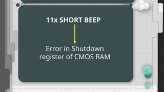 11x SHORT BEEP
Error in Shutdown
register of CMOS RAM
 
